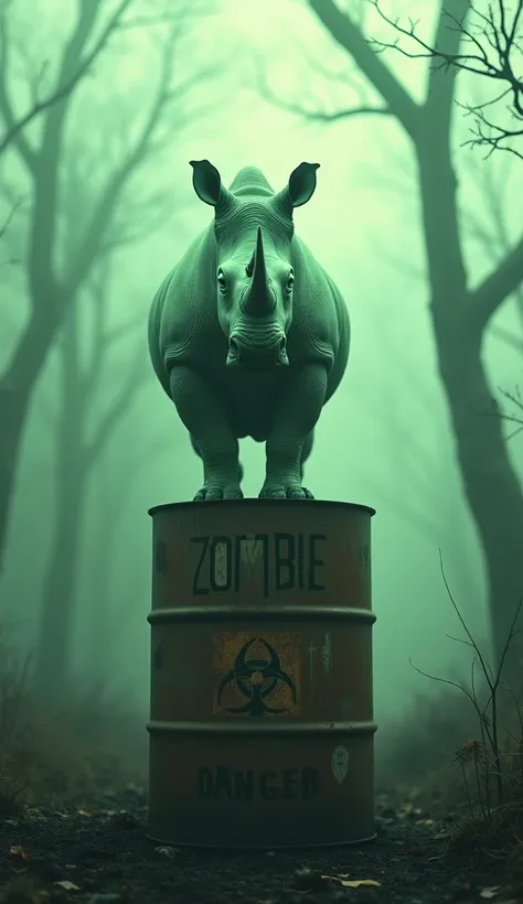 
"The image depicts a striking and eerie scene, with a ghostly pale green ( Rhino ) standing atop a 
barrel marked with a biohazard symbol and the word "ZOMBIE". The ( Rhino )  appears to be the focal 
point, its intense gaze and unearthly coloration sugge...