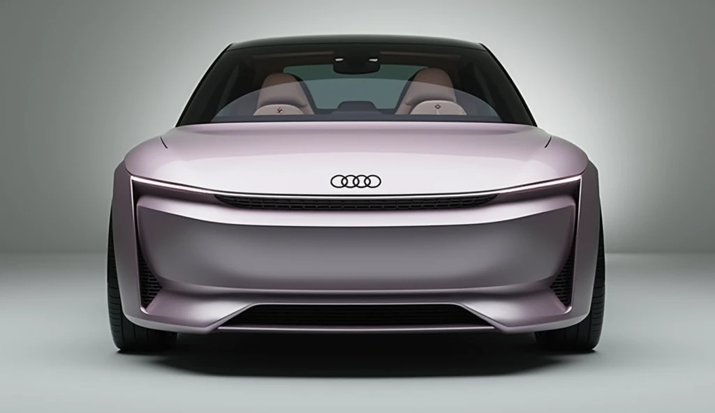 A sleek, futuristic Audi concept car from 2025, viewed head-on against a neutral background. The car has a smooth, minimalist front design with a light purple metallic finish. The front grille area is uniquely shaped with an illuminated frame surrounding a...