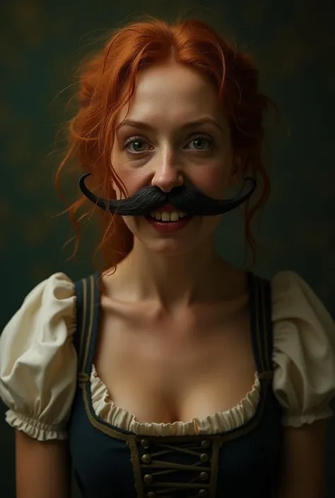 An ugly and dirty toothless redhead woman dressed in a dirndl with a mustache like Adolf Hitler