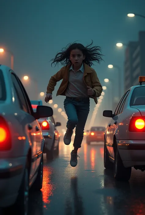 Girl running on the roof of a car in a traffic on a highway ,  a large dog runs on cars chasing her from behind, It&#39;s night time, Let the dog be seen barking while chasing her 