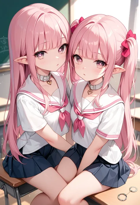  twin sisters 　Two people　, pink hair pink eyes　Baby Face　Small breasts　long hair　 Had　hime_cut　　classroom　heart shaped pupils　 with pointed ears　Two people　Young　white collar sailor suit　coin on string　pink hair pink eyes