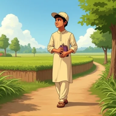 Finding the Purse Scene: "Ali is walking on a village path on his way back from school when he spots a shiny purse on the ground. He’s wearing a light-colored kurta and cap, with a surprised and thoughtful expression on his face. The scene shows Ali holdin...