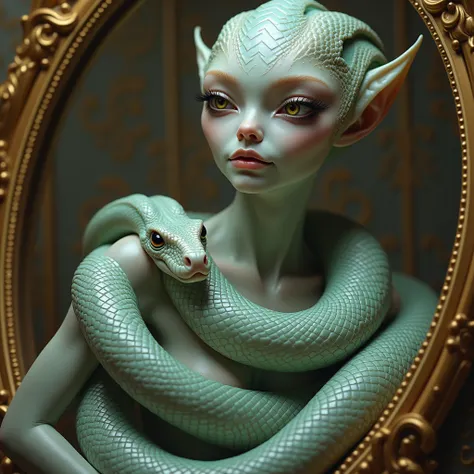 Elegant and beautiful alien with a large snake coiled around her body looks into a luxurious mirror. Hyperrealistic.