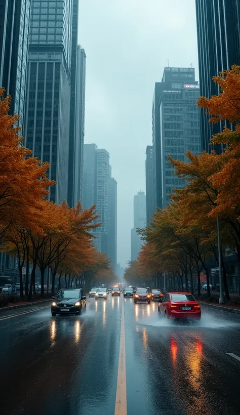 The image is a photo of a city street landscape in Jakarta during the rainy season. The street is lined with tall buildings on both sides, and the trees on the left and right of the street are covered with orange leaves. The sky was dark and cloudy, and th...