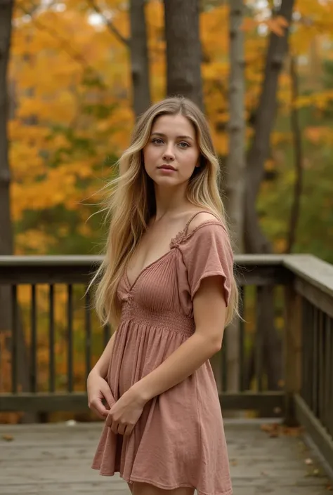 Beautiful natural blonde Emma 27 years old long blonde hair almond shape hazel green eyes cleft on chin, dimpled chin, wearing a fall dress standing  on a wooden deck with trees in the background, 