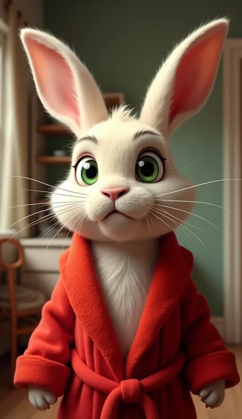   Funny rabbit in a red bathrobe,   big green eyes  , frowns at point-blank  ,   close-up, against the background of the room