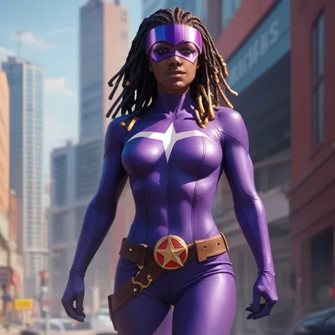  masterpiece ,  best quality ,  ultra high resolution ,  realistic skin texture, comics style, 4k image, beautiful,  an African-American girl , dreadlocks, belt, Alone, long hair, purple eyes,  superhero visor  , breasts,  looking at the viewer , purple ha...