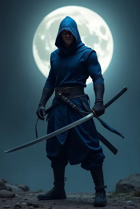 Full body photorealistic shots of handsome hunky slender Ninja Uranus, wearing a Navy hooded scale textured tight fit Ninja suit, with gloves and belt and boots, in action, holding a shining katana.full moon as background 