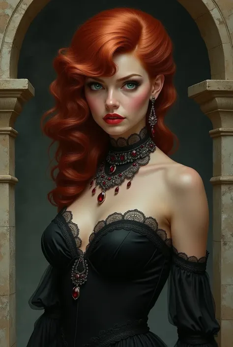 A regal woman with vibrant crimson hair cascading in soft waves, styled in elaborate Gothic fashion. Her intense gaze is framed by piercing teal eyes and adorned with intricate dark lace choker and ruby jewelry, exuding an aura of mystery and allure. She w...