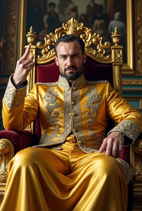 Russian emperor in golden dress sits on his throne and shows the middle finger