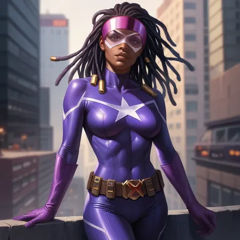  masterpiece ,  best quality ,  ultra high resolution ,  realistic skin texture, comics style, 4k image, beautiful,  an African-American girl , dreadlocks, belt, Alone, long hair, purple eyes,  superhero visor  , breasts,  looking at the viewer , purple ha...