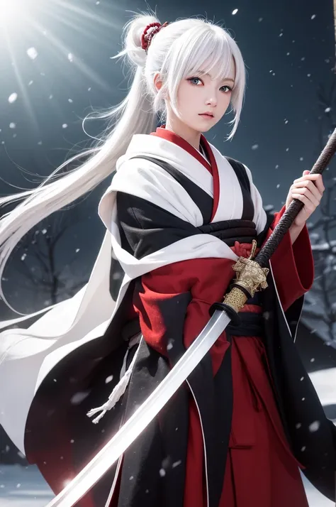  has white hair and red eyes　The Samurai of the Traveling Girl 　 white and black kimono　 brown cloak　 brown scarf　 holding a sword　In a snowstorm　 ponytail　anime