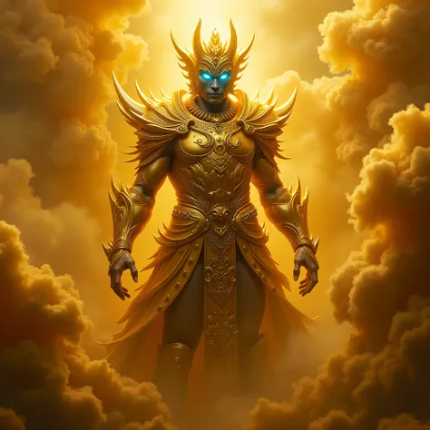 A fierce red Kaal Bhariav with golden armor and diamonds, hes got neon blue eyes, he looks like an emperor surrounded by gold smoke, the atmosphere is paranormal, occult, celestial, ghostly, unearthly, spectral , fenomenale,gold smoke around here,extremely...