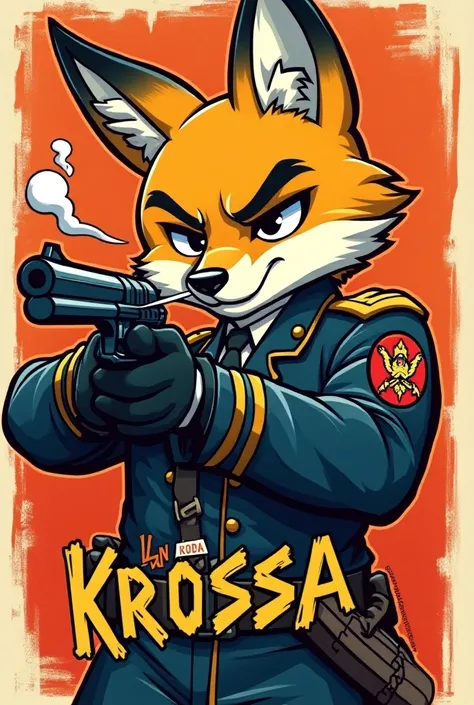 Cartoon pattern，The head of a fox，Wearing an armed uniform，LAN Empire emblem on the shoulder, Smoking a cigarette，Holding a revolver in one hand，Aim and shoot，Below the pattern is the English character Lan krossa