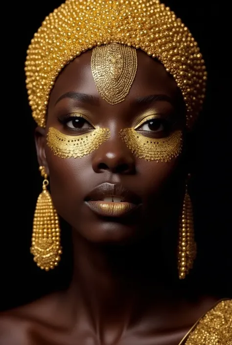 Close-up portrait of a woman with dark skin, centered in the frame. She is looking directly ahead, with a serene expression. Her face is adorned with intricate gold beaded headpiece, gold eye makeup, and gold lipstick, creating a striking contrast against ...