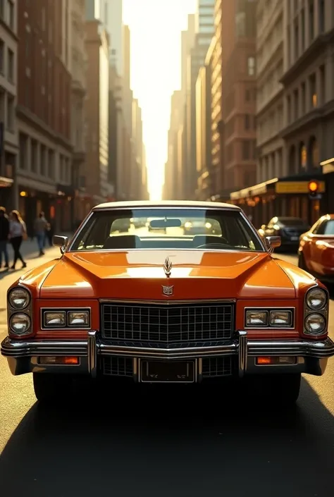 front side of a orange Cadillac seville from the 70s