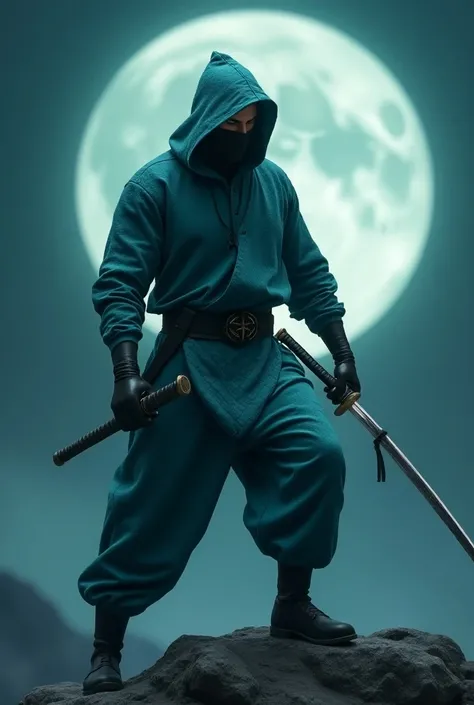 Full body photorealistic shots of handsome hunky slender Ninja Neptune, wearing a teal hooded scale textured tight fit Ninja suit, with gloves and belt and boots, in action, holding a shining katana.full moon as background 