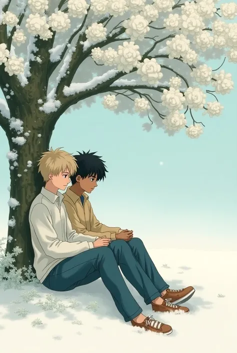 A snow background with white roses Growing up and two male teenagers The two are resting under a tree next to each other, they are quite different from each other in skin tone, hair color, they are wearing simple clothes, the image has to be in the old ani...