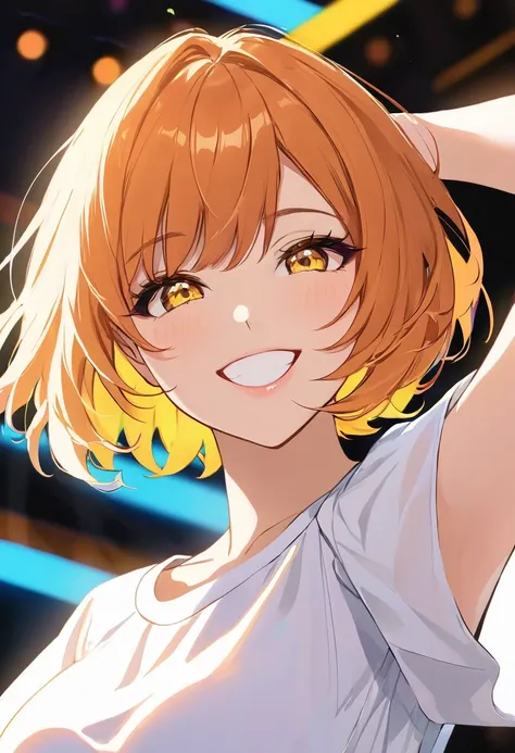  cool adult woman 、 orange short hair and yellow eyes、 white blouse、Neon stage background 、 bullish smile  、( face close-up)、Dance