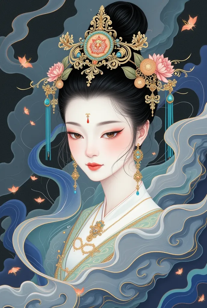 a painting：cloudfog包围着一个美丽的女人的肖像, chang&#39;e， beautiful face，cloudfog缠绕， high bun，gorgeous tiara ，chinese ancient style，female ...