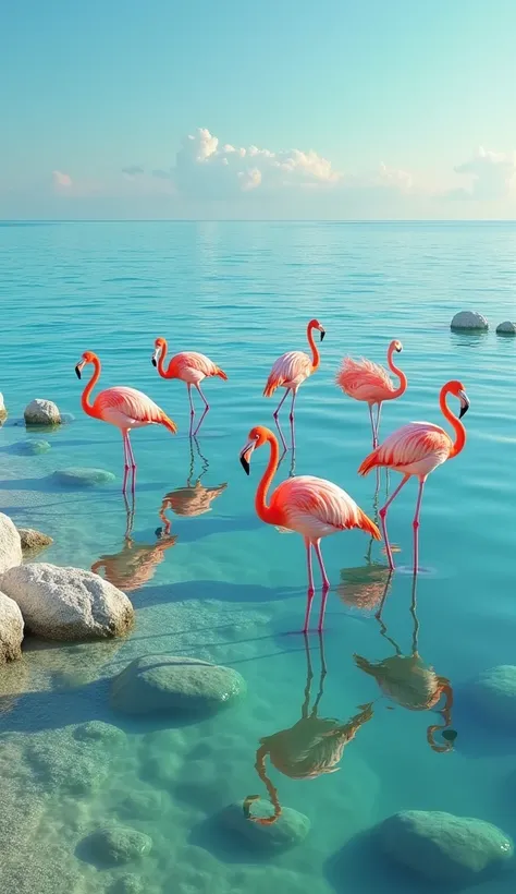  There are several flamingos standing in crystal clear water by the seaside，Bird&#39;s-eye view，There are a few stones on the shore ，amazingly epic visuals， Stunning photos Real conceptual art ，stunning matte painting，Details are clearly visible ，8k HD