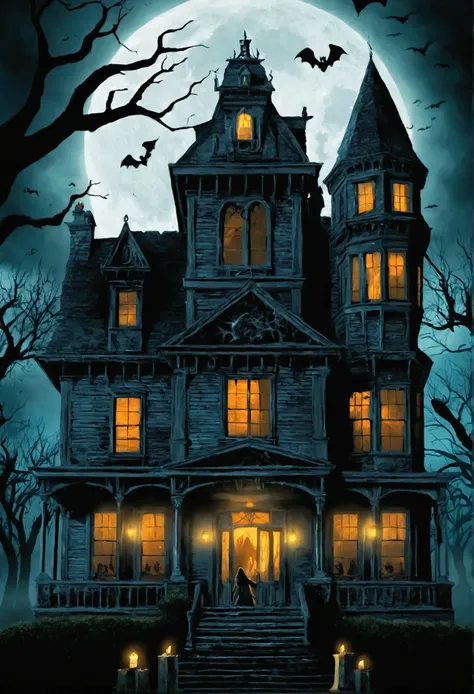 a cover for my movie The title is The Haunted House. The story takes place during the day, and it’s about a ghost scaring a group of friends in a house (9 friends: 3 girls and 6 boys). The ghost is a woman.”