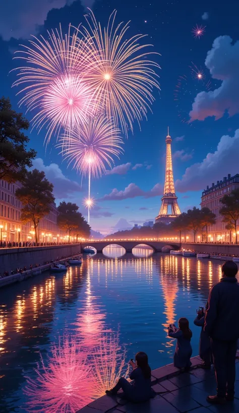 **Prompt**:
" A stunning view of the Seine River at night ,  during the New Year celebration .  The water reflects bright and colorful lights from the fireworks exploding in the sky,  creating waves of vibrant colors over the surface of the river .  The ba...