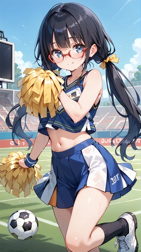 black hair, long hair,pigtails,glasses, cheerleader, cheerleading,sweaty,soccer ground