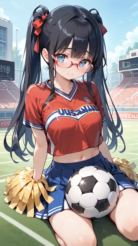 Black Hair, long hair,Pigtails,Glasses, cheerleader, cheerleading,Sweaty,Soccer ground