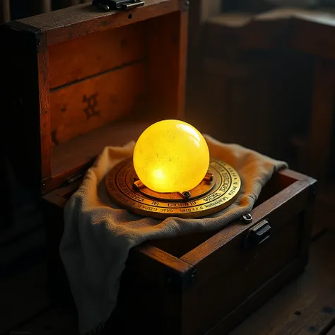 "Create an image of an old wooden chest hidden deep within the ship’s hold, wrapped in tattered cloth. Inside lies a magical item called the Starstone, an ancient gem with perfect yellow sphere with a soft, mystical glow. It is enclosed in a brass circle. ...