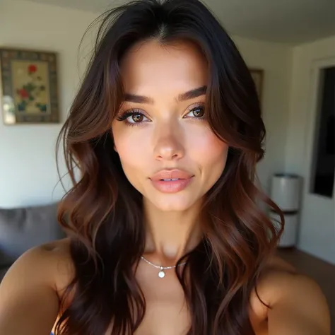  A selfie of a woman with medium fair skin , with long wavy hair at the ends ,  with a bright brunette hair color , thin face,  a basic makeup with only black eyeliner and lip gloss