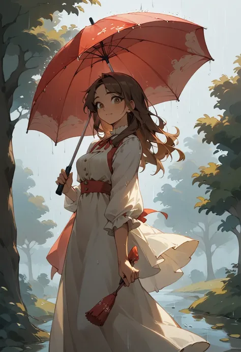 1 woman、 is standing、middle aged、 seems happy、Long brown hair、outside、Park in the rain 、 trees swaying in the wind々、background、High image quality　 holding an umbrella　 wearing a dress