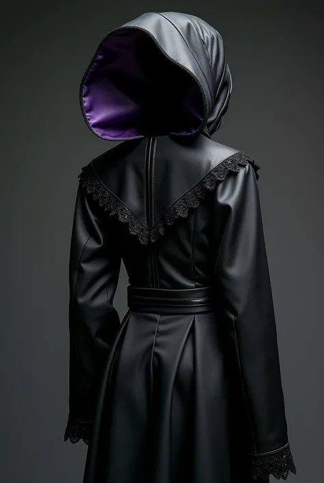 "avant-garde jacket, fitted at the waist, straight cut with an asymmetric hem reaching the hips, oversized hood inspired by Maleficents headdress with subtle peaks at the sides, main fabric in matte black satin, lace trim on the hood and cuffs, flared slee...