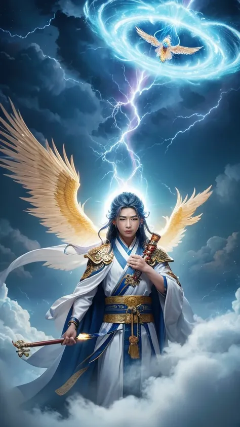  the powerful Taoist god of thunder 、 robe 。Tenzon is 、 、 depicts a statue of Tianying Yuanlaisheng Puhua Tianzun 。 has intricate patterns on the 、 has a divine scepter or thunder, which is a symbol that controls storms 。 his expression is gentle yet inten...