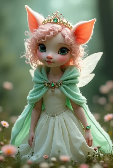  with piglet ears, pink curly hair, knee length a royal white dress, a mint green hooded cape, a rose gold tiara with emeralds.