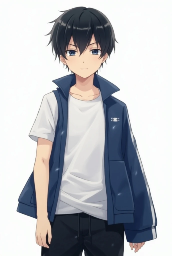 Solo, High Resolution, Masterpiece, Detail, HD, High Details, High Quality, Quality, Short Hair, Bangs, Black Hair, Serious, Simple background, POV, Sparkle, Anime, Anime Style, white t-shirt, black athletic pants, blue sleeveless jacket, no sleeves,  boy,...