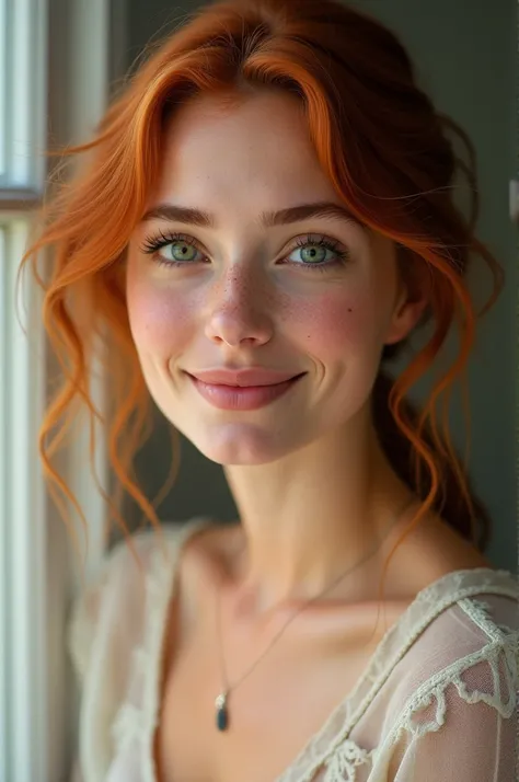 A woman, beautiful 30-year-old ,  redheaded girl with green eyes and freckles,  beautiful white smile , piel Blanca