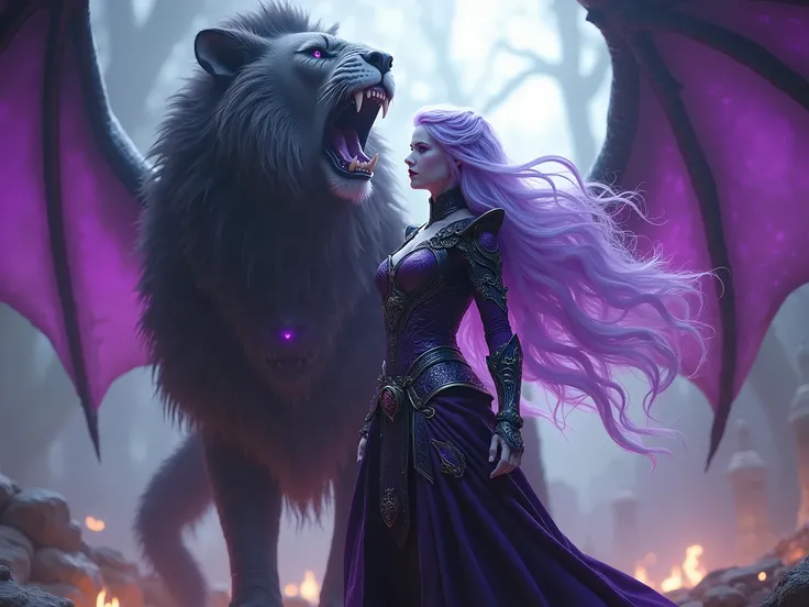 3D-style intricate scene with a beautiful sorceress with white skin and purple accents, purple long illuminated hair flowing, in detailed black armor with purple glowing patterns, standing beside a ferocious winged black and purple armored demonic lion wit...