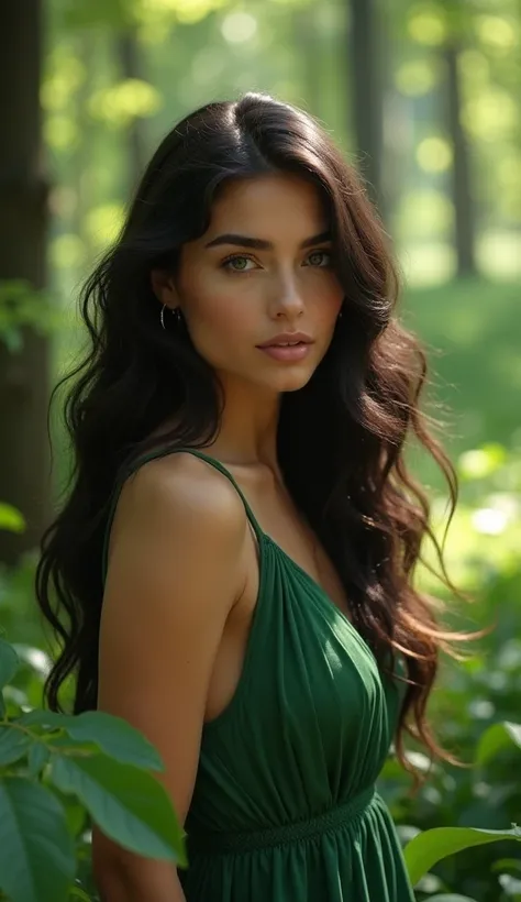 "Hyper-realistic 64k HD portrait of Ayse, a young woman with flowing dark hair, standing in a serene forest. Shes wearing an elegant green dress that blends harmoniously with the surrounding lush trees and foliage. Sunlight filters through the leaves, cast...