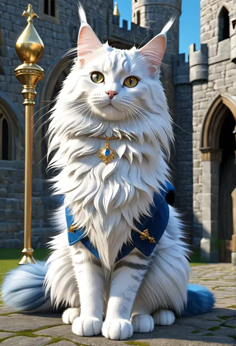 Cat breed: Maine Coon
The coat color ： gold and white tuxedo pattern
eye color：blue
Outfit ： Armor based on blue like King Arthur
accessory： I have a crown on my head
Item ： Excalibur is on

Background ： medieval castle

Magic and Fantasy 、Light、Vivid colo...