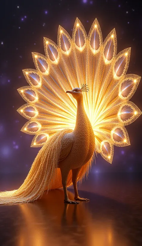 "A majestic peacock very long tail standing gracefully, with an intricate display of feathers radiating in vibrant gold. Each feather is adorned with sparkling white crystal highlights, creating an elegant shimmer that resembles precious jewels. The backgr...