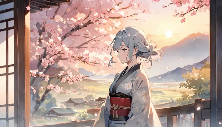 Elderly Japan woman in her thirties, wearing a sophisticated kimono with long flowing gray hair, standing alone in a peaceful countryside. She stares at the magnificent scenery in the distance with a thoughtful expression. In the background, a quiet villag...