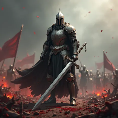 A realistic knight holding a large solitary sword in front of the bloody battlefield High resolution, 