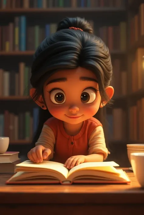 In Cinematic 3d cartoon style "In a small village lived a girl named Radhika. She worked in an old library in the village and was lost in the world of books. Radhika always had a special sparkle in her eyes, as if every story had a new dream attached to it...