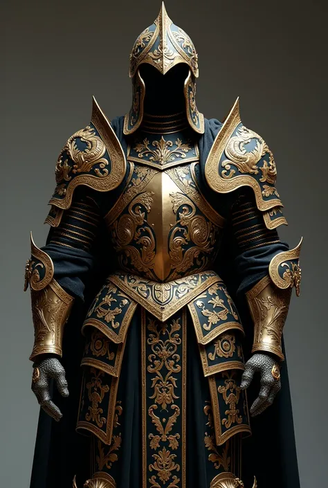 medieval armor, exotica, arabe, black and gold , with dragon ,  designs and golden dragon scales.