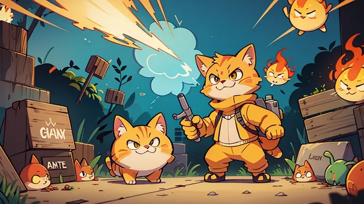 make a yellow cartoonish cat holding fire guns, explosive in the background, smirking face