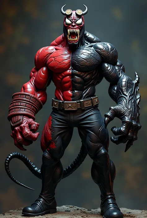 A hybrid of Venom and Hellboy ,  combining the striking features of both .  He has the muscular body and reddish skin of Hellboy , } but covered by areas with the viscous and malleable black texture of Venom ,  forming a powerful and threatening look .  Th...