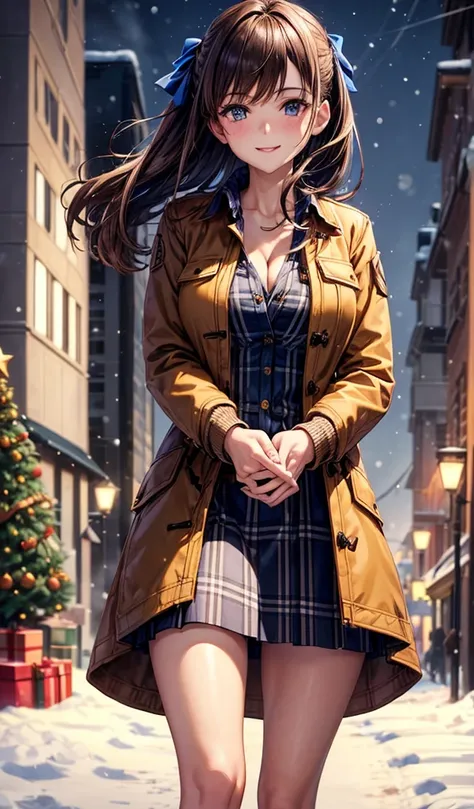 1girl, ((mature girl)), solo, christmas, ((christmas tree)), street, night, lights, snow, brown hair, side hair, large breasts, button down, ((brown winter jacket)), dark blue eyes, ((blue checked shirt)), ((unbuttoned shirt)), cleavage, skirt, smile, look...