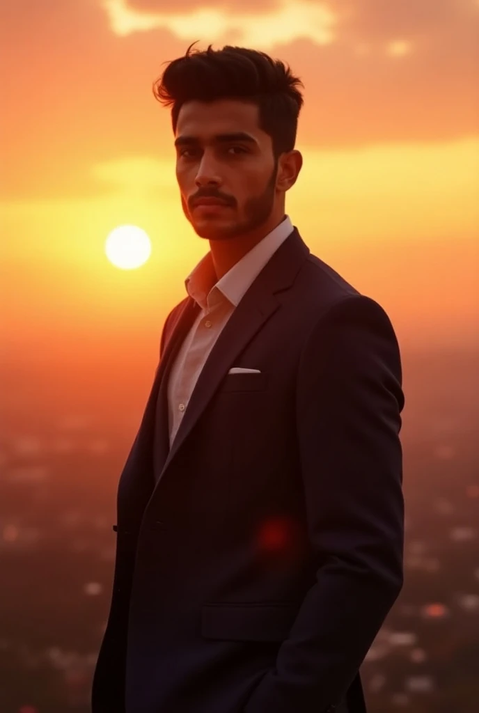 20 years old Indian boy and wearing smart clothes and posing handsome boy and sunrise in background 