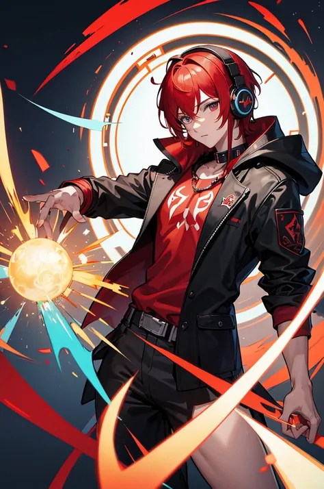 A stunning, colorful artwork featuring , leader boy with red headphones, red hair and black jacket with hood and Dj music. The masterpeace is wonderfull and The scene takes place in an enchanted magical .4k full HD 
